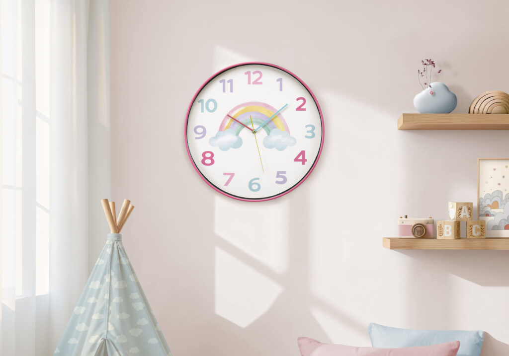 Clocks, 18″ Round, Juvenile, Wall Clock, Multi-colored Face, Pink Frame, Contemporary, Modern