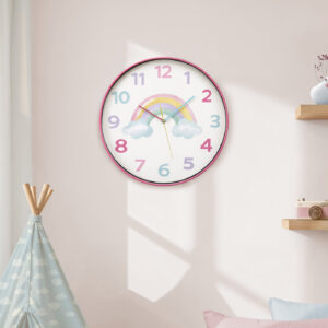 Clocks, 18" Round, Juvenile, Wall Clock, Multi-colored Face, Pink Frame, Contemporary, Modern