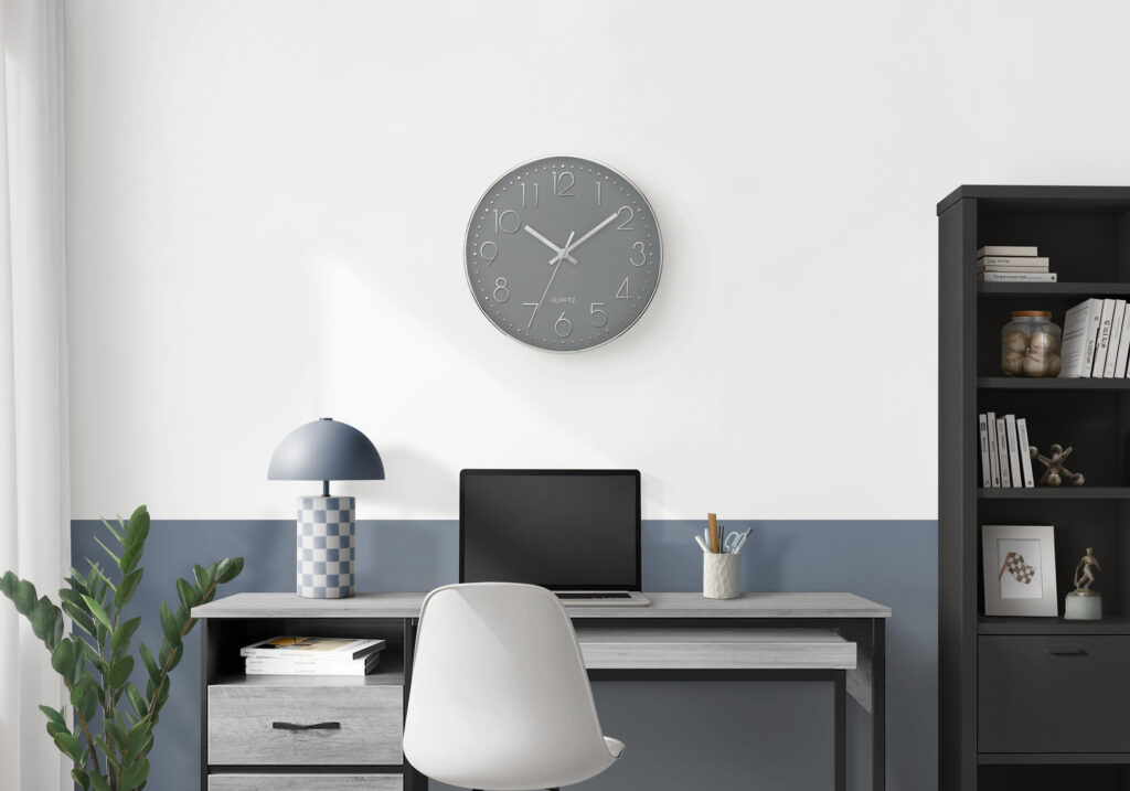 Clocks, 12″ Round, Wall Clock, Grey Face, Silver Frame, Contemporary, Modern