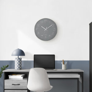 Clocks, 12" Round, Wall Clock, Grey Face, Silver Frame, Contemporary, Modern