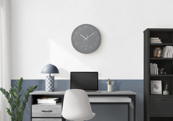 Clocks, 12″ Round, Wall Clock, Grey Face, Silver Frame, Contemporary, Modern