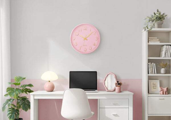 Clocks, 12″ Round, Wall Clock, Pink Face, Pink Frame, Contemporary, Modern