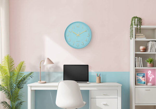 Clocks, 12″ Round, Wall Clock, Blue Face, Blue Frame, Contemporary, Modern