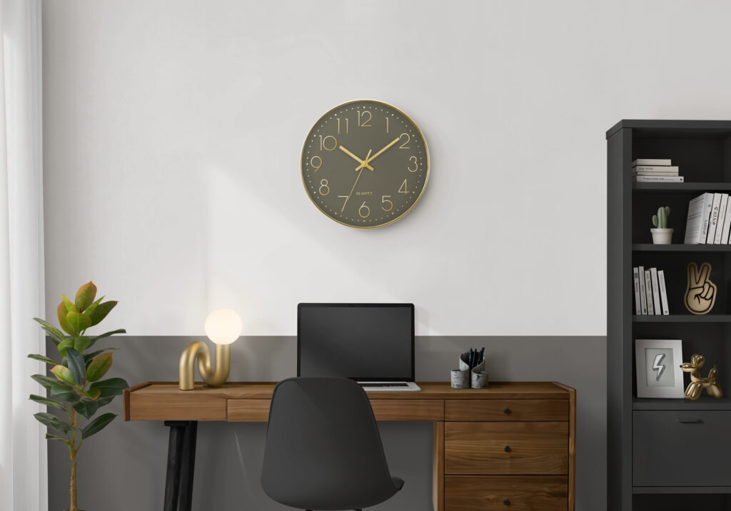 Clocks, 12″ Round, Wall Clock, Dark Bronze Face, Gold Frame, Contemporary, Modern