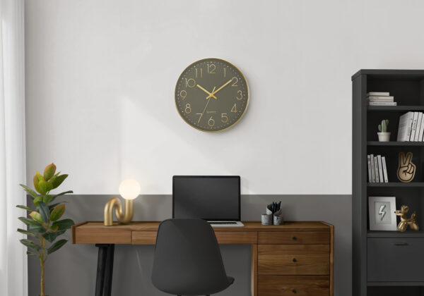 Clocks, 12″ Round, Wall Clock, Dark Bronze Face, Gold Frame, Contemporary, Modern