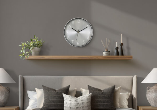 Clocks, 12″ Round, Wall Clock, Silver Face, Silver Frame, Contemporary, Modern