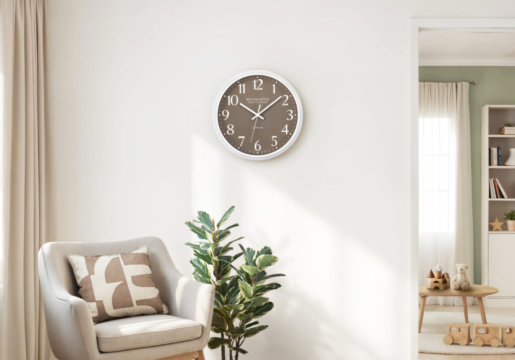 Clocks, 12″ Round, Wall Clock, Dark Bronze Face, White Frame, Modern, Contemporary