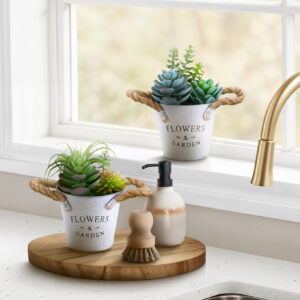 Artificial Plant, Set Of 2, 7" Tall, Succulent, Table, White Metal Pots, Contemporary, Modern