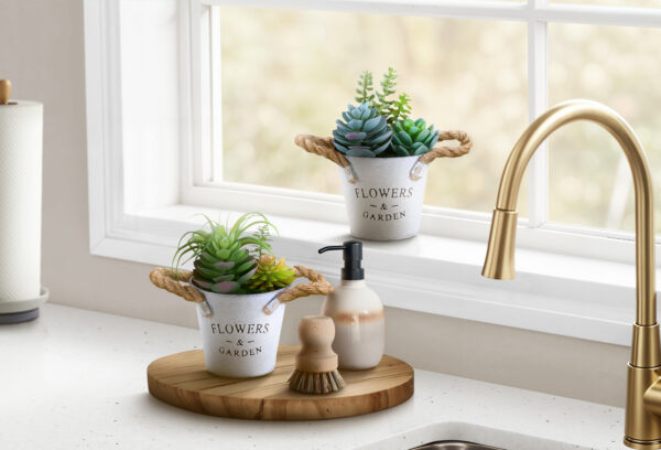 Artificial Plant, Set Of 2, 7″ Tall, Succulent, Table, White Metal Pots, Contemporary, Modern