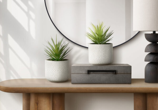 Artificial Plant, Set Of 2, 9″ Tall, Succulent, White Cement Pots, Contemporary, Modern