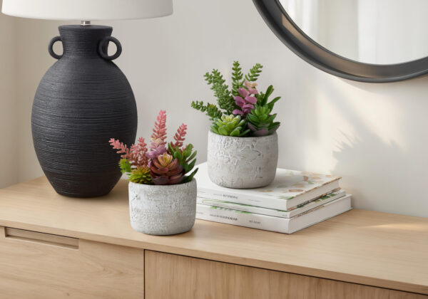 Artificial Plant, Set Of 2, 9″ Tall, Succulent, Table, Grey Cement Pots, Contemporary, Modern