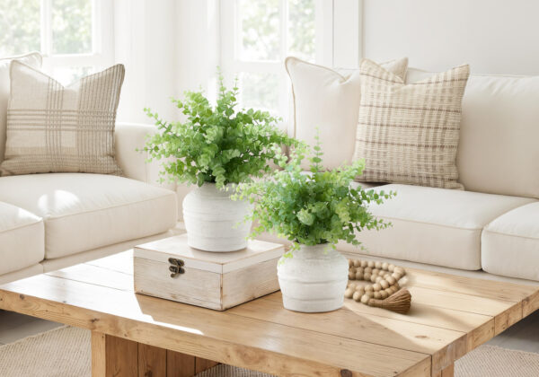 Artificial Plant, Set Of 2, 16″ Tall, Eucalyptus Grass, Table, White Pots, Contemporary, Modern