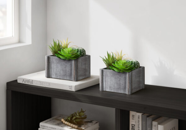 Artificial Plant, Set Of 2, 8″ Tall, Succulent, Table, Grey Wooden Pots, Contemporary, Modern