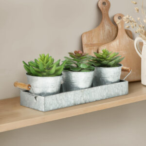 Artificial Plant, Set Of 3, 6" Tall, Succulent, Table, Silver Metal Pots, Contemporary, Modern