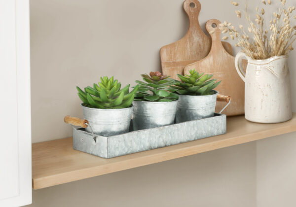 Artificial Plant, Set Of 3, 6″ Tall, Succulent, Table, Silver Metal Pots, Contemporary, Modern