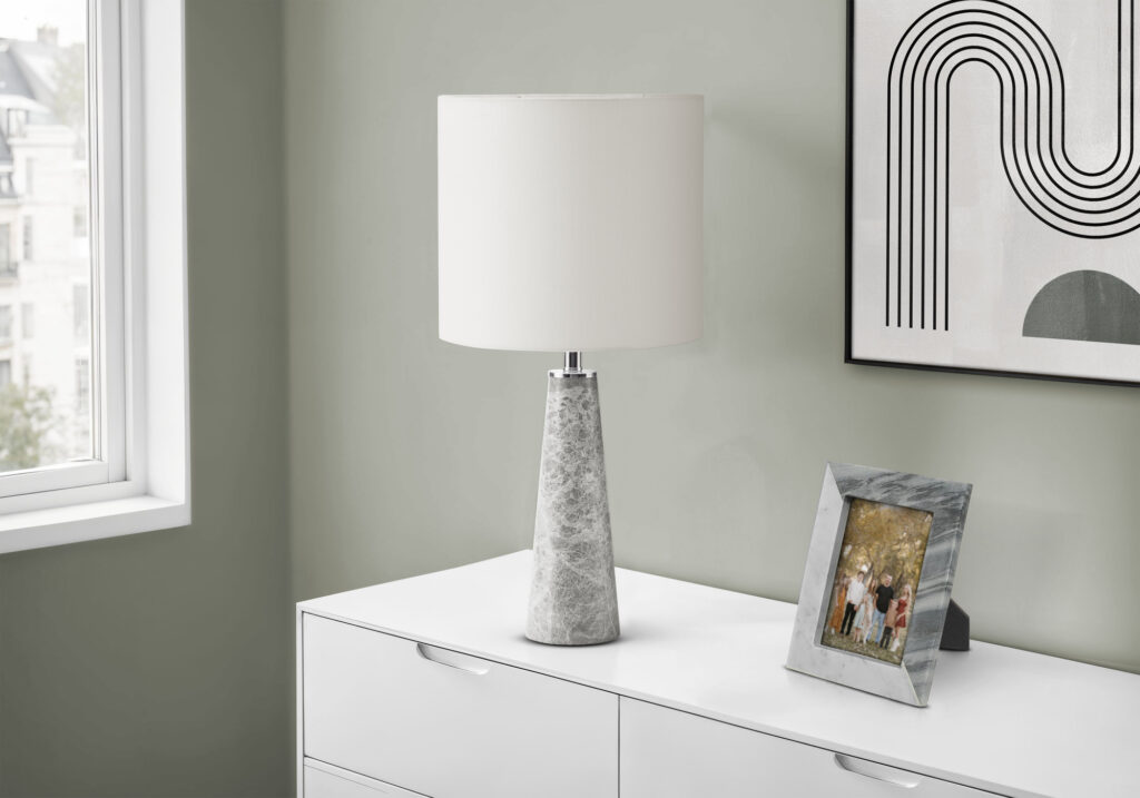 Lighting, 22″H, Table Lamp, Grey Marble, White Shade, Contemporary