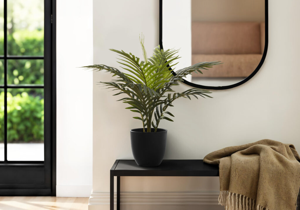 Artificial Plant, 20″ Tall, Palm, Indoor, Faux, Fake, Table, Greenery, Potted, Real Touch, Decorative, Green Leaves, Black Pot
