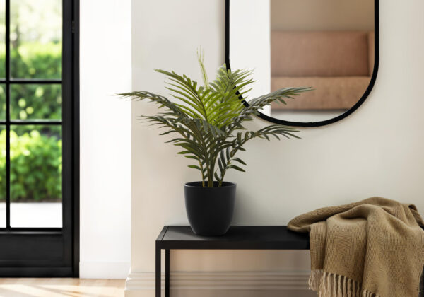 Artificial Plant, 20″ Tall, Palm, Indoor, Faux, Fake, Table, Greenery, Potted, Real Touch, Decorative, Green Leaves, Black Pot