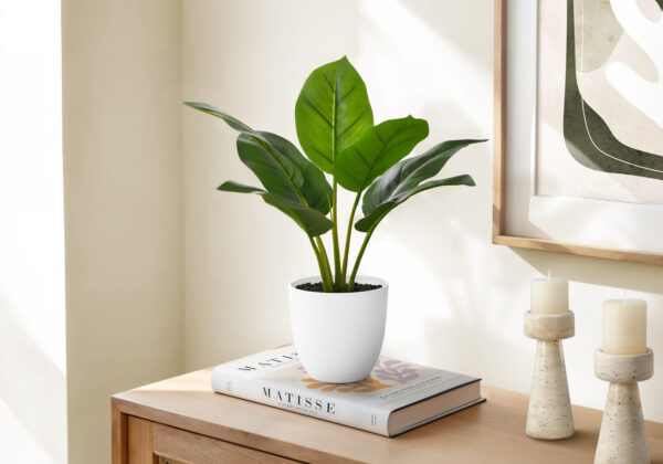 Artificial Plant, 17″ Tall, Aureum, Indoor, Faux, Fake, Table, Greenery, Potted, Real Touch, Decorative, Green Leaves, White Pot