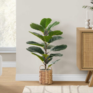 Artificial Plant, 28" Tall, Fiddle Tree, Indoor, Faux, Fake, Floor, Greenery, Potted, Real Touch, Decorative, Green Leaves, Beige Woven Basket