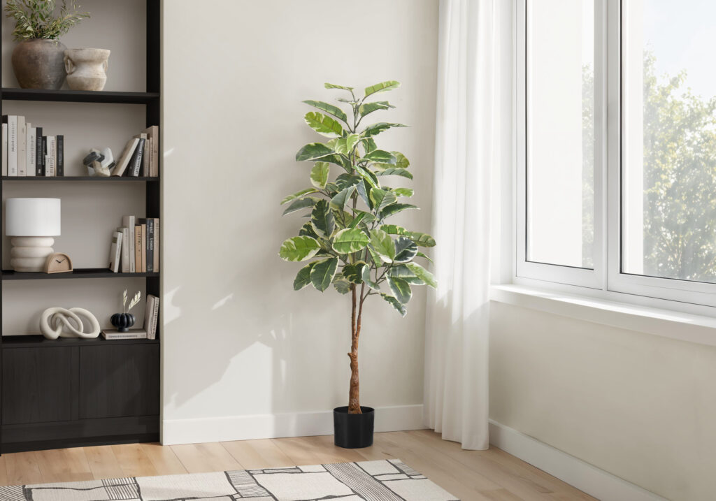 Artificial Plant, 52″ Tall, Rubber Tree, Indoor, Faux, Fake, Floor, Greenery, Potted, Real Touch, Decorative, Green Leaves, Black Pot