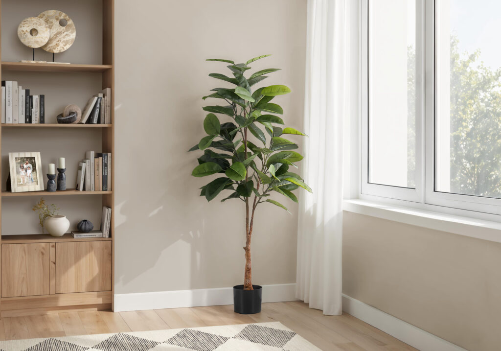 Artificial Plant, 52″ Tall, Rubber Tree, Indoor, Faux, Fake, Floor, Greenery, Potted, Real Touch, Decorative, Green Leaves, Black Pot