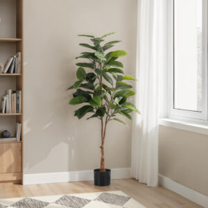 Artificial Plant, 52" Tall, Rubber Tree, Indoor, Faux, Fake, Floor, Greenery, Potted, Real Touch, Decorative, Green Leaves, Black Pot