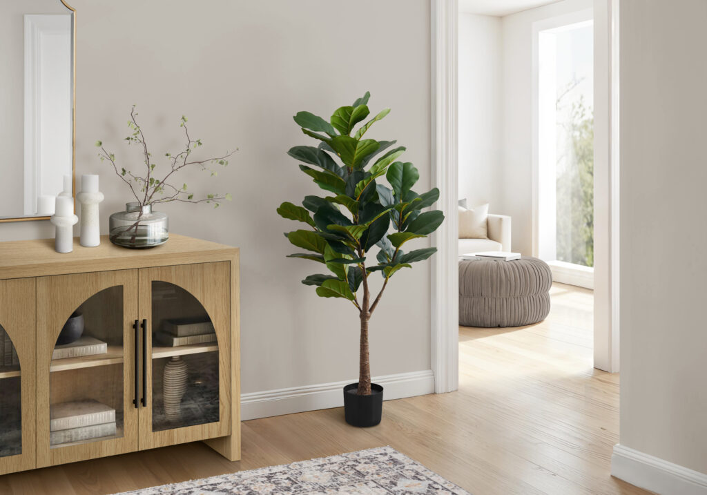 Artificial Plant, 47″ Tall, Fiddle Tree, Indoor, Faux, Fake, Floor, Greenery, Potted, Real Touch, Decorative, Green Leaves, Black Pot