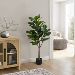 Artificial Plant, 47" Tall, Fiddle Tree, Indoor, Faux, Fake, Floor, Greenery, Potted, Real Touch, Decorative, Green Leaves, Black Pot