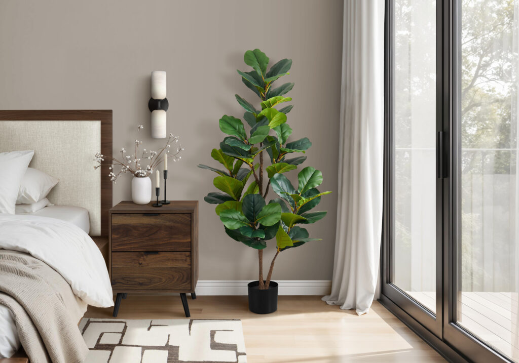 Artificial Plant, 49″ Tall, Fiddle Tree, Indoor, Faux, Fake, Floor, Greenery, Potted, Real Touch, Decorative, Green Leaves, Black Pot