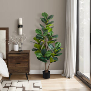 Artificial Plant, 49" Tall, Fiddle Tree, Indoor, Faux, Fake, Floor, Greenery, Potted, Real Touch, Decorative, Green Leaves, Black Pot