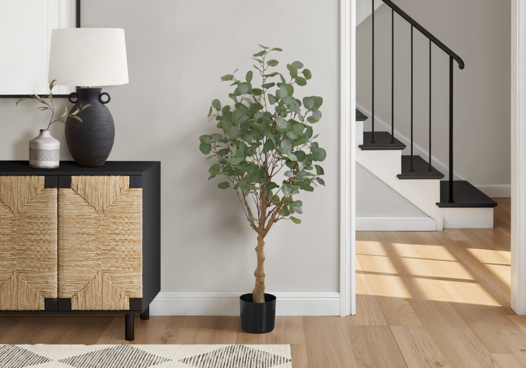 Artificial Plant, 46″ Tall, Eucalyptus Tree, Indoor, Faux, Fake, Floor, Greenery, Potted, Decorative, Green Leaves, Black Pot