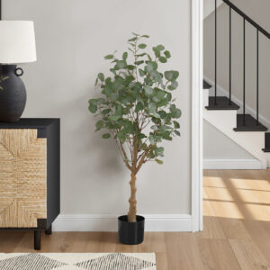 Artificial Plant, 46" Tall, Eucalyptus Tree, Indoor, Faux, Fake, Floor, Greenery, Potted, Decorative, Green Leaves, Black Pot