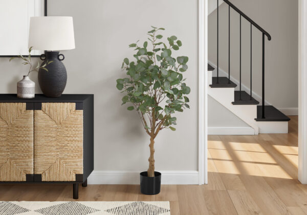 Artificial Plant, 46″ Tall, Eucalyptus Tree, Indoor, Faux, Fake, Floor, Greenery, Potted, Decorative, Green Leaves, Black Pot