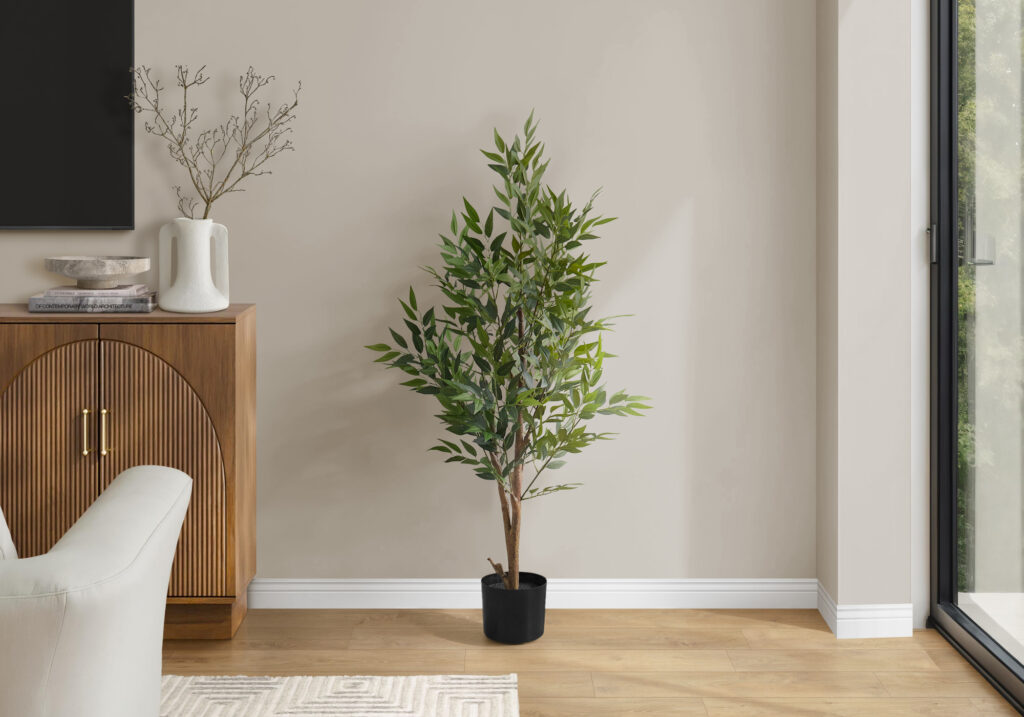 Artificial Plant, 47″ Tall, Acacia Tree, Indoor, Faux, Fake, Floor, Greenery, Potted, Silk, Decorative, Green Leaves, Black Pot
