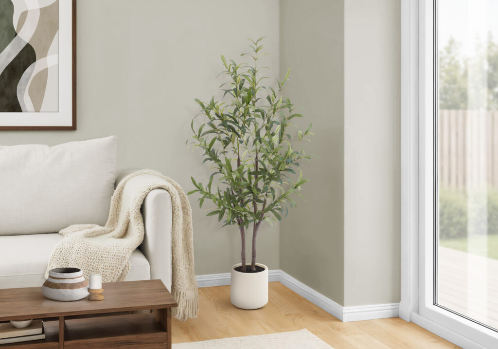 Artificial Plant, Olive Tree, 44″ Tall, Floor, Decorative, Indoor, Fake, Faux, Real Touch, Potted, Beige Pot, Contemporary, Modern