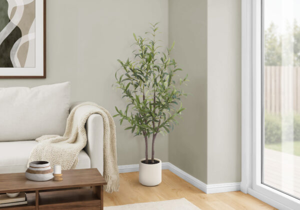 Artificial Plant, Olive Tree, 44″ Tall, Floor, Decorative, Indoor, Fake, Faux, Real Touch, Potted, Beige Pot, Contemporary, Modern