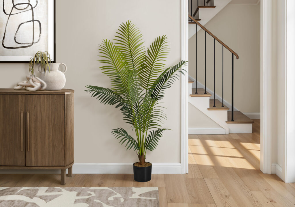 Artificial Plant, 57″ Tall, Palm Tree, Indoor, Faux, Fake, Floor, Greenery, Potted, Real Touch, Decorative, Green Leaves, Black Pot