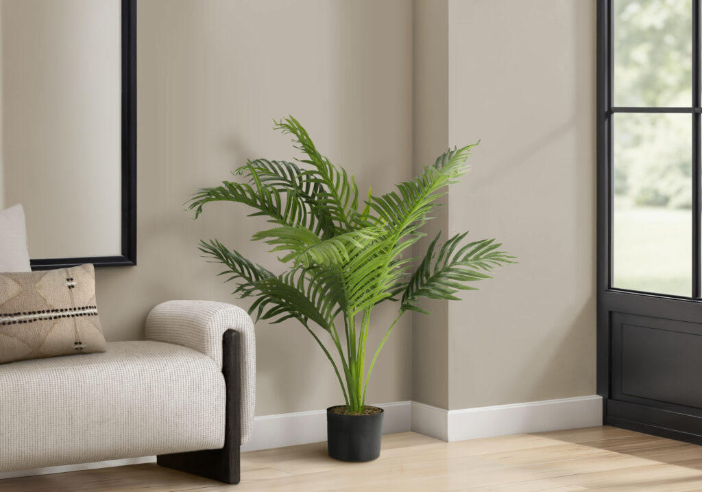Artificial Plant, 34″ Tall, Palm Tree, Indoor, Faux, Fake, Floor, Greenery, Potted, Real Touch, Decorative, Green Leaves, Black Pot
