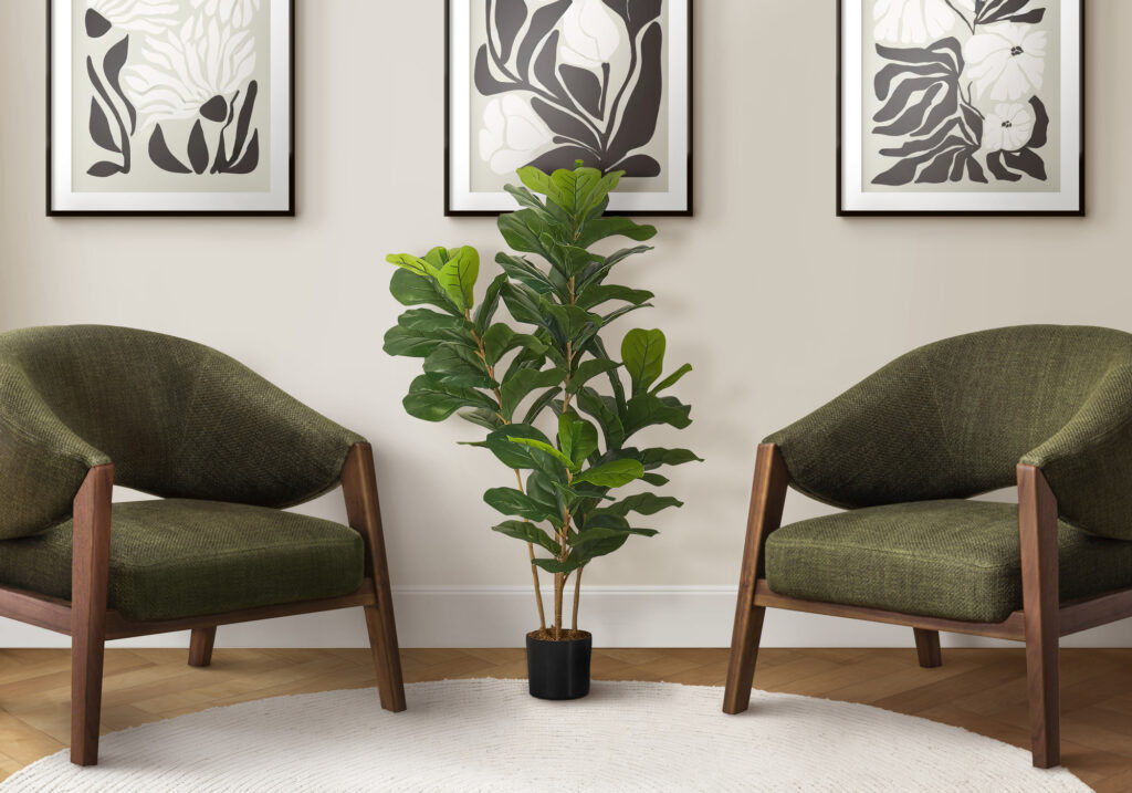 Artificial Plant, 41″ Tall, Fiddle Tree, Indoor, Faux, Fake, Floor, Greenery, Potted, Real Touch, Decorative, Green Leaves, Black Pot