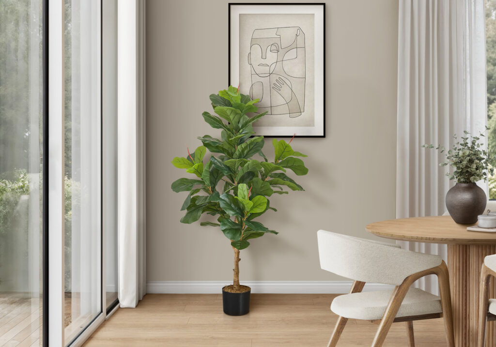 Artificial Plant, 47″ Tall, Fiddle Tree, Indoor, Faux, Fake, Floor, Greenery, Potted, Real Touch, Decorative, Green Leaves, Black Pot