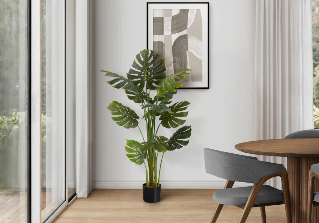 Artificial Plant, 55″ Tall, Monstera Tree, Indoor, Faux, Fake, Floor, Greenery, Potted, Real Touch, Decorative, Green Leaves, Black Pot