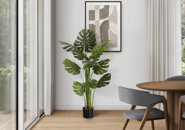 Artificial Plant, 55″ Tall, Monstera Tree, Indoor, Faux, Fake, Floor, Greenery, Potted, Real Touch, Decorative, Green Leaves, Black Pot