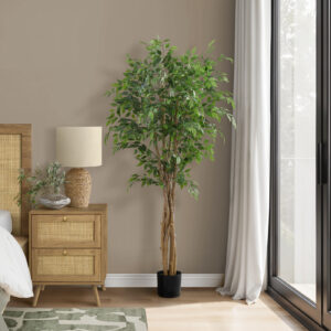 Artificial Plant, 79" Tall, Ficus Tree, Floor, Real Touch, Potted, Green Leaves, Black Pot