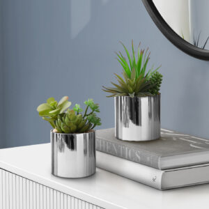 Artificial Plant, 7" Tall, Succulent, Indoor, Faux, Fake, Table, Greenery, Potted, Set Of 2, Decorative, Green Plants, Chrome Pots