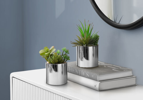 Artificial Plant, 7″ Tall, Succulent, Indoor, Faux, Fake, Table, Greenery, Potted, Set Of 2, Decorative, Green Plants, Chrome Pots