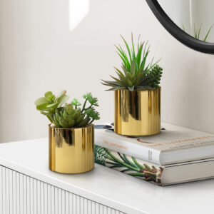 Artificial Plant, 7" Tall, Succulent, Indoor, Faux, Fake, Table, Greenery, Potted, Set Of 2, Decorative, Green Plants, Glossy Gold Pots