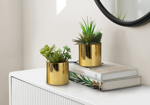 Artificial Plant, 7″ Tall, Succulent, Indoor, Faux, Fake, Table, Greenery, Potted, Set Of 2, Decorative, Green Plants, Glossy Gold Pots