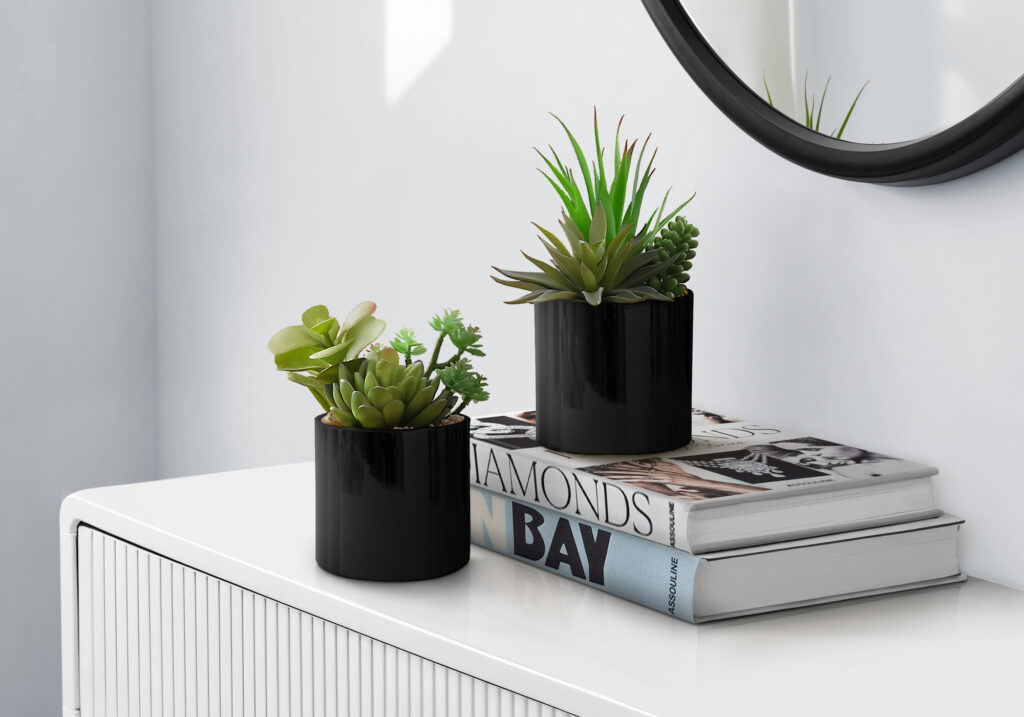 Artificial Plant, 7″ Tall, Succulent, Indoor, Faux, Fake, Table, Greenery, Potted, Set Of 2, Decorative, Green Plants, Glossy Black Pots