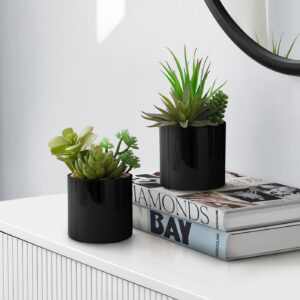 Artificial Plant, 7" Tall, Succulent, Indoor, Faux, Fake, Table, Greenery, Potted, Set Of 2, Decorative, Green Plants, Glossy Black Pots